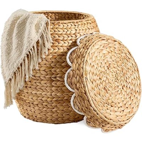 Best Choice Products Scalloped Multipurpose Hyacinth Storage Basket, Plant Décor, Handwoven Organizer Tote for Bedroom, Living Room, Nursey, w/Lid - Natural with White Trim