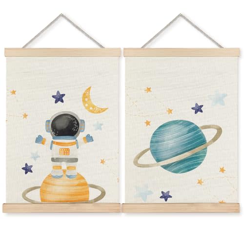 BearCake Space Nursery Decor, Solar System Plants Spaceman Wall Art Poster Hanger Frame, Space Canvas Prints Framed Wall Decor for Classroom Toddler Boys Room Nursery Playroom, 12x16 Inch Set of 2