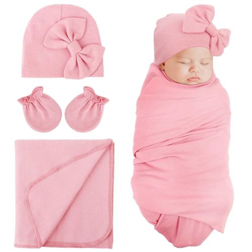 DRESHOW BQUBO Newborn Receiving Blanket Bow Hat Gloves Set Cotton Warm Baby Swaddle Blanket Wrap Baby Sleep Sack Shower Gift
