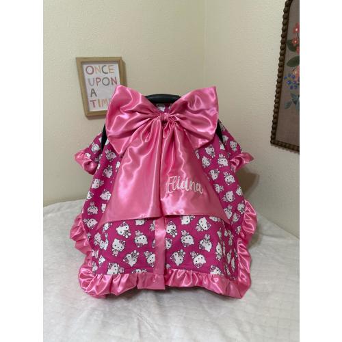 Hello Kitty Baby Car Seat Canopy with Bow | Pink Custom Infant Car Seat Cover | Personalized Baby Girl Gift