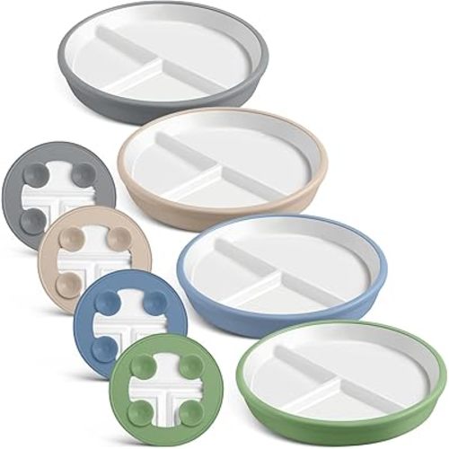 Domensi 8" Porcelain Kids Plates with Anti-slip Silicone Sleeve White Divided Porcelain Plates with Suction for Toddler Microwave Dishwasher Friendly(Dark Blue, Dark Green, Gray, Beige,4 Pcs)