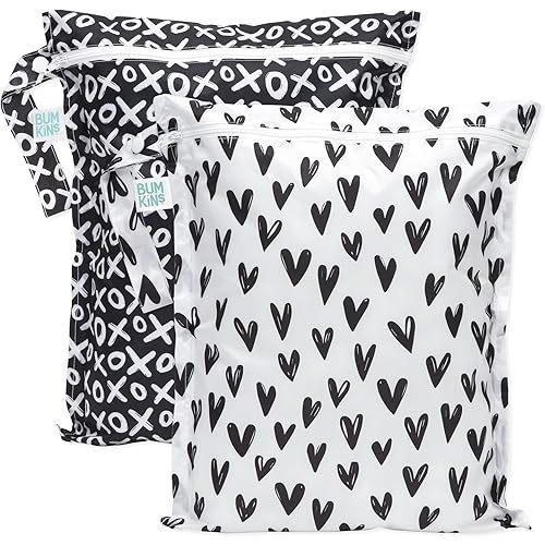 Bumkins Waterproof Wet Bag for Baby, Travel, Swim Suit, Cloth Diapers, Pump Parts, Pool, Gym, Toiletry, Strap to Stroller, Daycare, Zip Reusable Bag, Wetdry Packing Pouch, 2-pk Hearts and XOXO