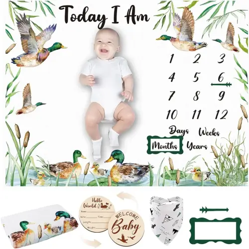 Mallard Duck Monthly Milestone Blanket for Baby Boy Flannel Newborn Infant Swaddle Growth Chart Photography Background with Baby Birth Signs, Felt Frames, Bibs