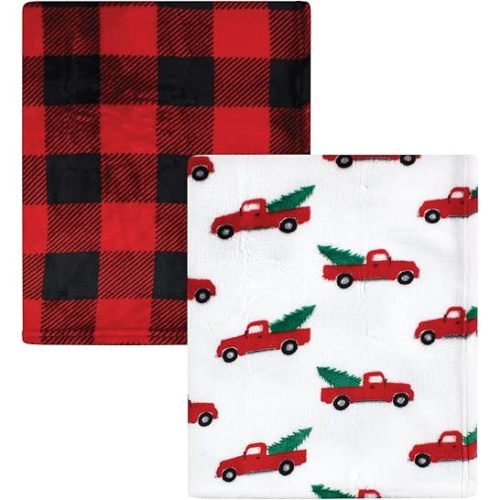 Hudson Baby Unisex Baby Silky Plush and Coral Fleece Blanket, Christmas Tree Truck, 30x36 inches