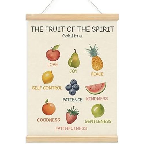 Wheatwin Fruit Of The Spirit Wall Art, Christian Wall Art, Sunday School Decorations for Classroom, Homeschool Decor, Church Nursery Decor, Religious Fruit Bible Verse Poster Hanger Frame, 12x16