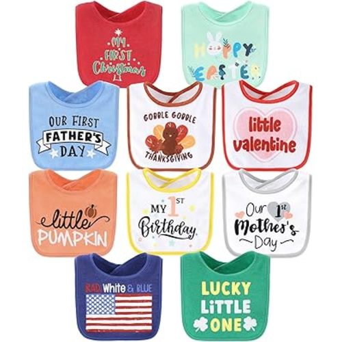 The Peanutshell Baby Boy or Girl Terry Bibs Set of 10-100% Cotton, Soft, Absorbent Baby Bibs, Unisex Toddler Boy or Girl Set, Newborn & Infant - Holiday