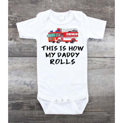 Read the full title
    Baby Bodysuit, This Is How My Daddy Rolls, Firefighter Bodysuit, Fire Truck Bodysuit, Baby Boy, Baby Girl, Baby Clothing
, 
              0-3 months
          , 
              Short Sleeve