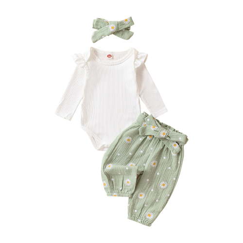 Qtinghua Newborn Baby Girls Fall Clothes Long Sleeve Ruffle Romper Daisy Print Belted Pants Headband Set Green 6-12 Months