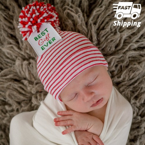 Melondipity Red and White Stripes Christmas Hospital Hat with Matching Pom Pom for Newborn Boys and Girls | Double Ply for Extra Warmth