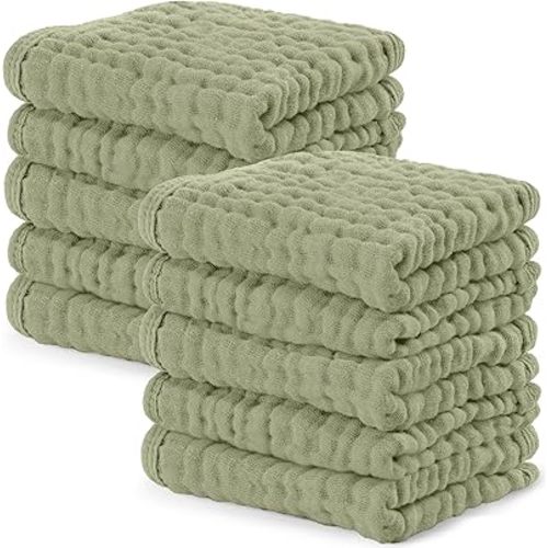 Comfy Cubs Muslin Baby Washcloths 10 Pack - Soft 6-Layer Cotton Wash Cloths for Sensitive Skin - 10"x10" Large, Gentle, Absorbent Infant Essentials for Newborn and Toddlers - Sage