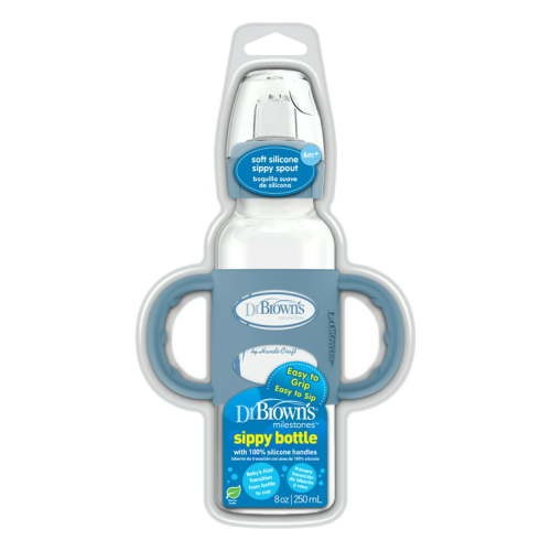 Dr. Brown's Milestones Narrow Sippy Spout Bottle, 100% Silicone Handles, 8oz/250ml, 6m+, Light Blue, BPA Free, 1 Pack