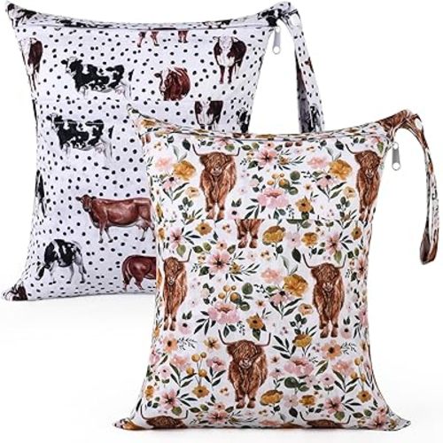 2pcs Cloth Diaper Wet Dry Bags Waterproof Reusable with Two Zippered Pockets Travel Beach Pool Stroller Daycare Soiled Baby Items Yoga Gym Bag for Swimsuits or Wet Clothes - Highland Cow