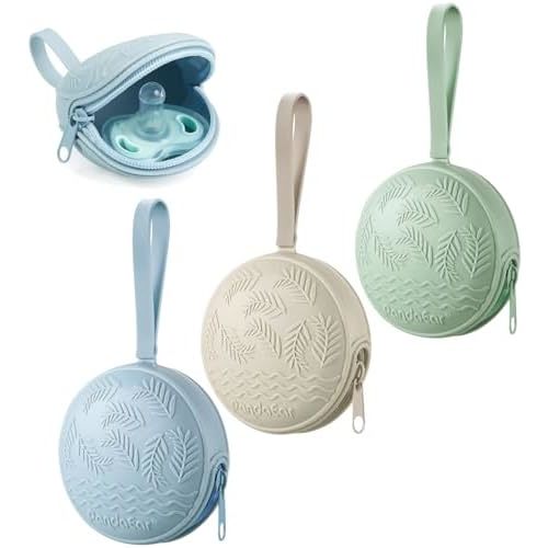 PandaEar 3 Pack Silicone Pacifier Holder Case, Portable Travel Pacifier Pouch for Newborns, BPA-Free Silicone Pacifier Storage Container for Boys & Girls (Green, Blue, Cream)