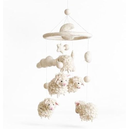 Handmade Felt Counting Sheep Nursery Mobile, Counting White Sheep Crib Mobile, Boys & Girls Boho Decor, Natural Wool Hanging Mobile, Unique Baby Shower Gift, Fair Trade Handcrafted Nepal (White Sheep)