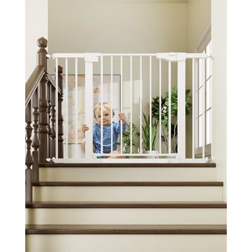 Cumbor 29.7-46" Baby Gate for Stairs, Toddler Safety Essentials for The House, Auto Close Dog Gate for Doorways, Mom's Choice Awards Winner-Easy Install Pressure Mounted Pet Gates for Dogs, White