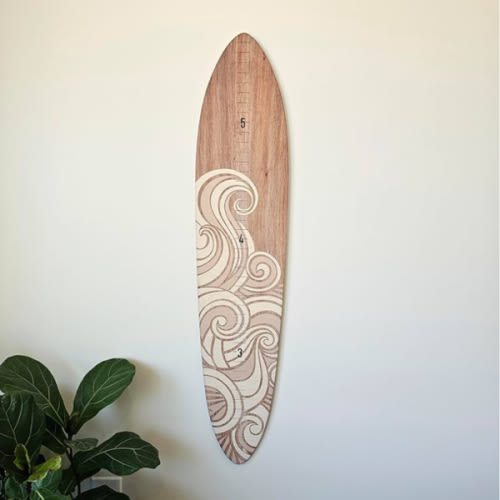 HEADWATERS STUDIO Wooden Surfboard Wall Decor Growth Chart - Surf Board Decor for Kids Room, Wooden Growth Chart for Wall, Surfboard Wall Art, Surfboards for Decoration - White Wave (9.5""x 45"")
