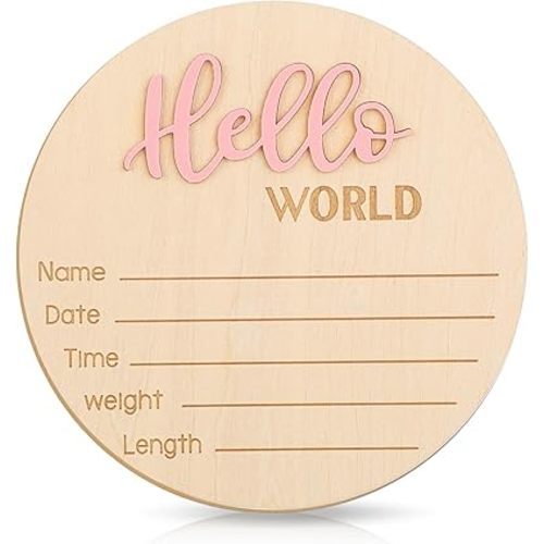 Baby Announcement Sign, Hello World Newborn Sign 5.8 Inch Baby Name Sign Wooden Birth Announcement Plaques for Newborn Boys Girls Photo Props Baby Shower Hospital Nursery (Pink)