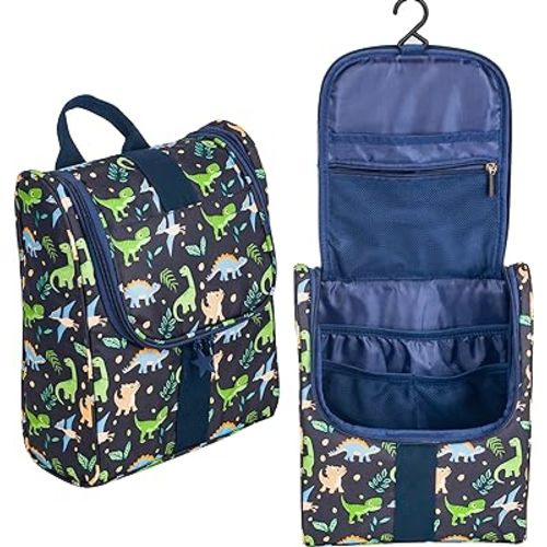 Remobia Hicol Cute Hanging Kids Toiletry Bag Children Travel Cosmetic Makeup Organizer Wash Bag Shower bag Over Night Bag Camping Shaving Kit Bag for Boys & Girls (Dinosaurs)