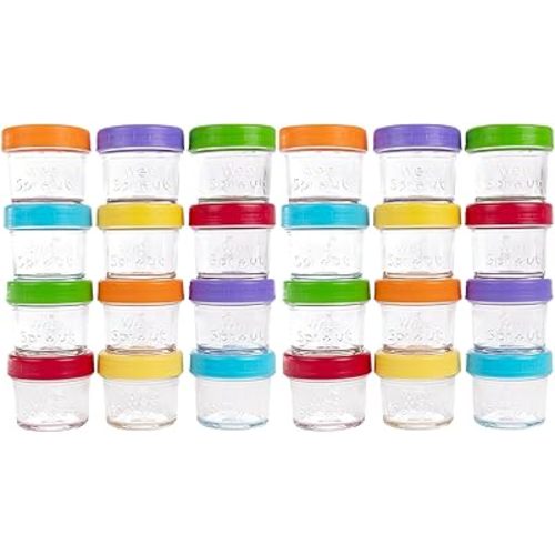WeeSprout Baby Food Storage Glass Jars w/Lids (4 oz, 24 Pack) Bright Variety, Snack, Reusable Small Containers, Fridge or Freezer, Microwave & Dishwasher Safe, Essentials for Infants