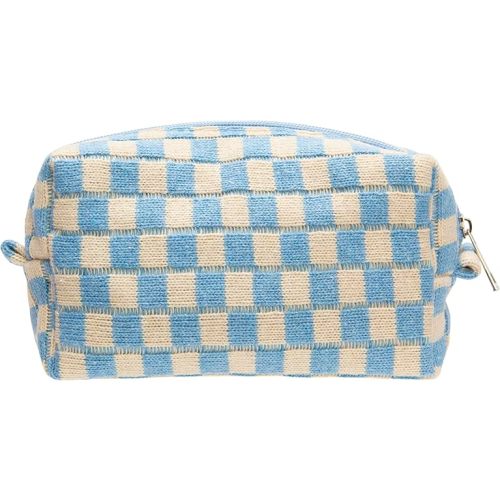 PAZIMIIK Checkered Makeup Bag for Purse Portable Zipper Make Up Pouch Small Cosmetic Case for Travel Accessories Blue Beige