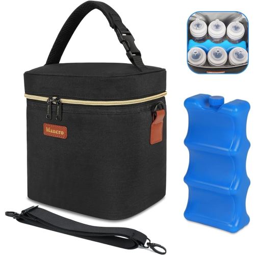 Mancro Breastmilk Cooler Bag with Ice Pack, Fits 6 Baby Bottles Up to 9 Ounce Insulated Baby Bottle Bag, Breast Milk Cooler on The go with Strap, Bottle Storage Bag for Nursing Mom Daycare, Black