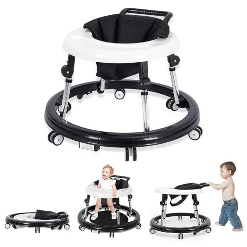 Baby Walker Foldable with 9 Adjustable Heights, Baby Walkers and Activity Center for Boys Girls Babies 7-18 Months, Baby Walker with Wheels Portable - black