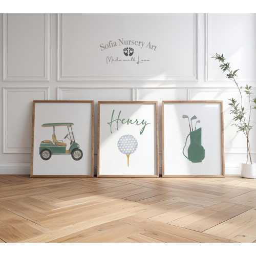 Golf Nursery Art Print Set 3, Watercolor Golf Nursery Prints, Golf Room Decor, Sports Room Decor, Sports Nursery Wall Art, Green Nursery