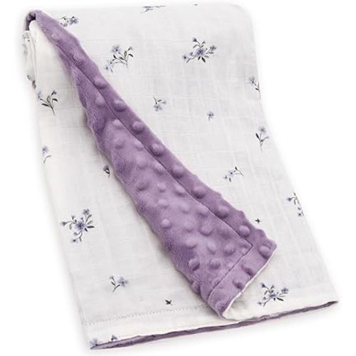 LifeTree Baby Blankets for Boys Girls, Soft Double Layer Swaddle Blankets, Muslin Front and Dotted Fleece Backing Receiving Bed Throw Blanket for Newborn Unisex, 31X40 Inches, Purple Flower