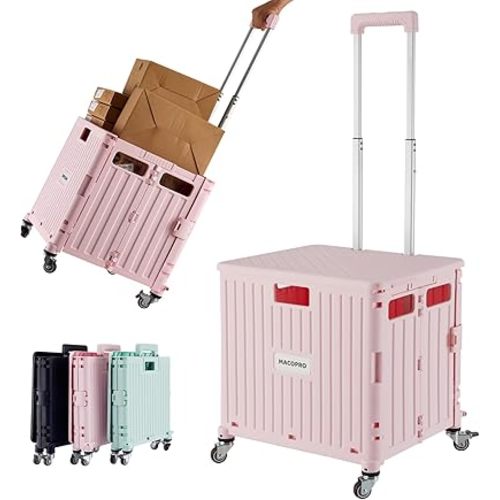 Folding Utility Cart Portable Rolling Crate Handcart Shopping Trolley Collapsible Tool Box, with Lid, Basket on 4 Rotate Wheels, for Grocery, Shopping, Office, Teacher (Pink)