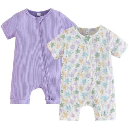 Bafeicao Unisex Baby Boy Girl 2 Pack Rompers Short Sleeve 2 Way Zipper One Piece Jumpsuits Clothes Sets