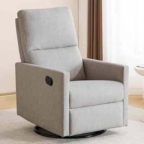 Swivel Rocking Recliner Chair for Adults, Rocker Nursery Glider Chair for Living Room Bedroom, Upholstered Fabric Reclining Single Sofa Chair(Light Grey)