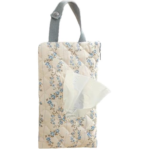 Quilted Baby Diaper and Wipes Pouch Portable Mommy Bag for Stroller Reusable Wipes Pouch with Lanyard for Casual Travel (Blue Flower)