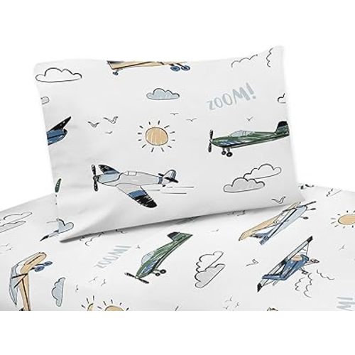 Sweet Jojo Designs Vintage Airplane Boy Queen Sheet Set Flat Fitted Bed Sheets Pillow Covers Kids Childrens Adult Bedding 4pc Grey Green Blue White Yellow Airplanes Plane Transportation Clouds Sun Sky