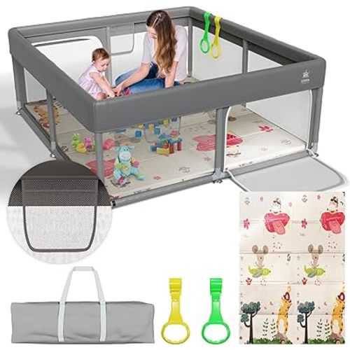 Baby Playpen with Mat – Durable Play Yard with Pull-Up Rings, Toy Storage Nets, and Non-Slip Suction Base – Large Baby Playpen for Toddlers, 71"x59"