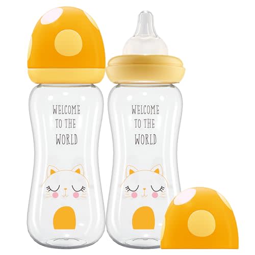 YOHKOH Natural Glass Baby Bottle with Natural Response Nipple, Newborn Anti-Colic Baby Bottles, Wide Neck Mushroom Cap Baby Bottle, Clear (8.8ounce (Pack of 2), Yellow1)