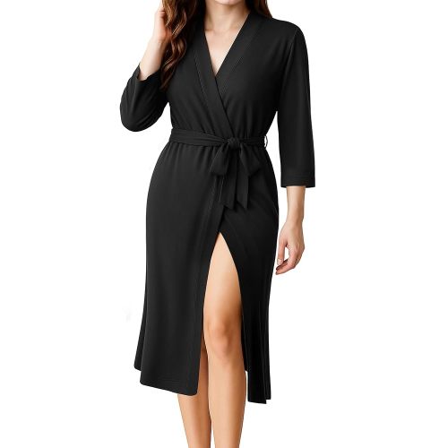 NY Threads Women's Robe Long Knit Bathrobe 3/4 Sleeves Soft Kimono Lightweight Loungewear
