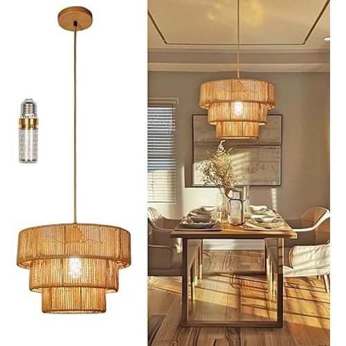 Rattan Pendant Light Boho Chandelier Light Fixture with LED Variable Light Bulb Woven Pendant Light Basket Light Fixture Farmhouse Wicker Pendant Light for Living Dining Room (12.4"-Style B-Beige)