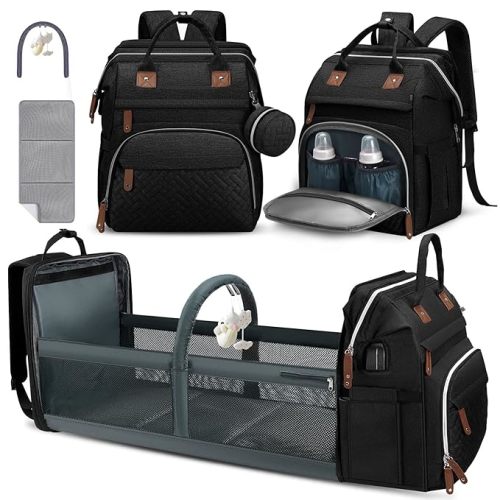 DERJUNSTAR Diaper Bag, Baby Diaper Backpack with Changing Station (Black02)
