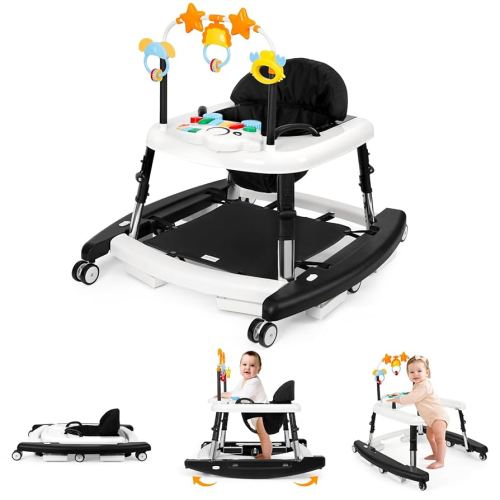 5-in-1 Music and Lights Baby Walker Foldable with 5 Adjustable Heights, Baby Walker with Wheels and Bouncer Combo Portable, Infant Toddler Walker for Baby Boy Girls 6-18 Months