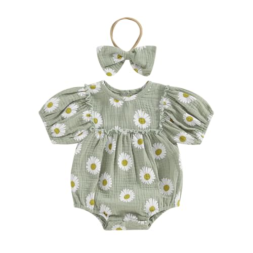 Infant Baby Girl Linen Romper Smocked Bubble Bodysuit Frill Trim Ruffle One-Piece Jumpsuit Casual Cute Summer Clothes