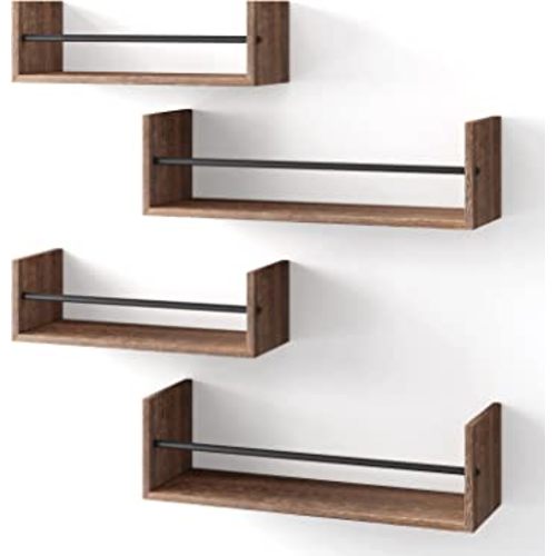YGEOMER 4 Set Floating Wall Shelves, Bathroom Shelves, Nursery Book Shelf, Wall Mounted Hanging Shelves with Metal Rail for Book, Bedroom, Bathroom and Kitchen
