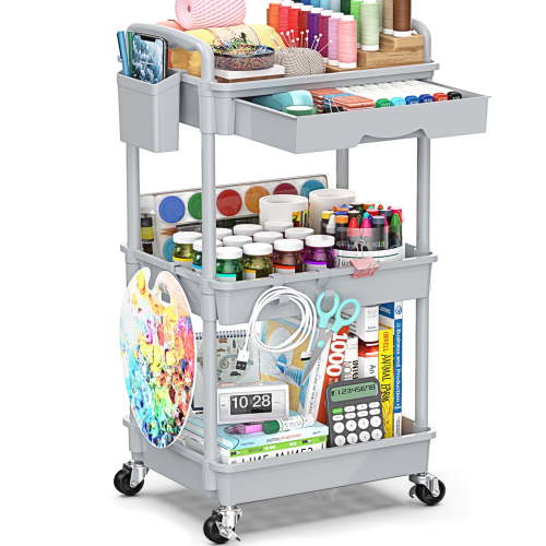 3 Tier Rolling Utility Cart with Removable Drawer, Bathroom Storage Organizer with 2 Lockable Wheels, Mobile Shelving Unit for Kitchen, Office, Snack, Craft, Makeup, Baby Essentials, Gray