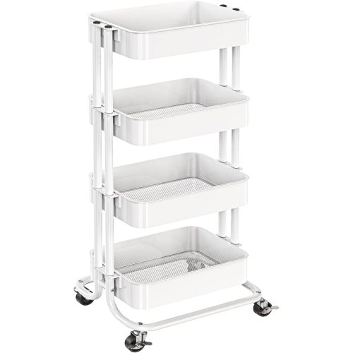 Pipishell 4 Tier Metal Rolling Utility Cart, Heavy-Duty Storage Rolling Cart with 2 Lockable Wheels, Multifunctional Mesh Organization Utility Cart for Kitchen Dining Room Living Room, PIUC13W