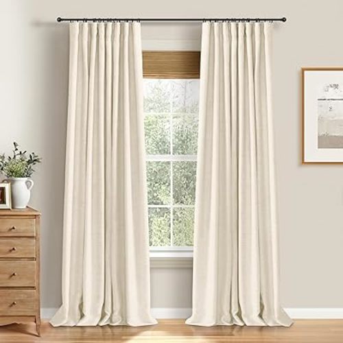 100% Blackout Shield Full Blackout Curtains for Bedroom 84 inch Length 2 Panels Set, Clip Rings/Rod Pocket Faux Linen Black Out Curtains for Living Room, Thermal Insulated, 50Wx84L, Cream