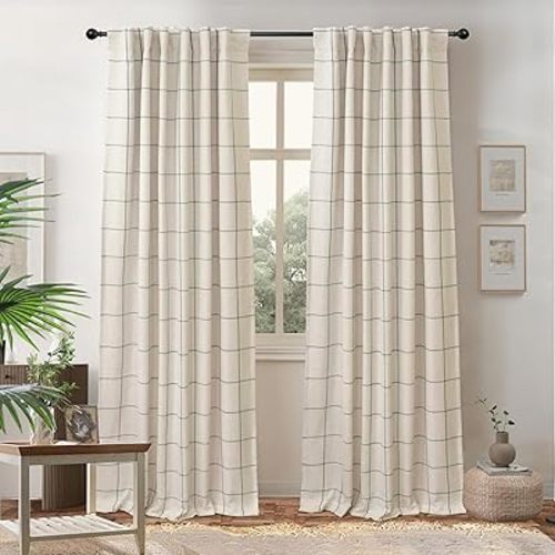 DriftAway 100% Blackout Windowpane Plaid Linen Curtains Double Layer Farmhouse Drapes 84 Inches Long for Living Room Bedroom Yarn Dyed Woven Thermal Insulated Rod Pocket Back Tab 2 Panels Loden Green