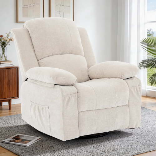 GEEYOO Swivel Rocker Recliner Chair with Massage and Heat Glider Recliner for Adults with Side Pockets Chenille for Living Room,Beige
