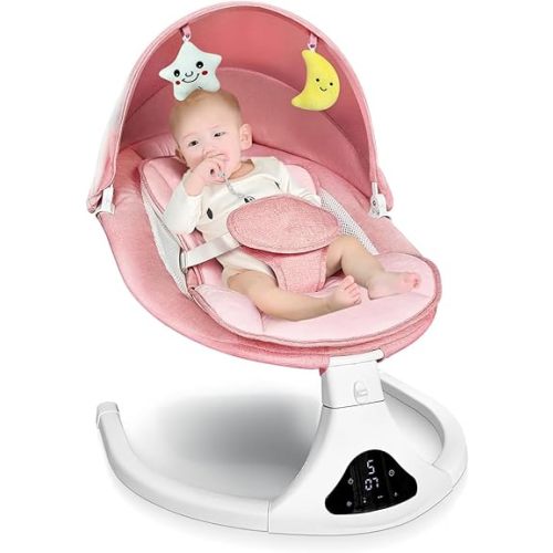 Electric Baby Swing for Infants to Toddler| Portable Infant Swing with Remote Control, Swing with 5 Speeds, 3-Point Harness for Baby Boy Girl (Pink)
