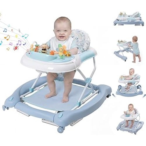 5 in 1 Baby Walker, Music and Lights Foldable Baby Walker with Wheels, 3 Adjustable Heights, with Bouncer Combo, Rocker, Activity Walker for Baby Boy and Girl 6-18 Months (Blue)