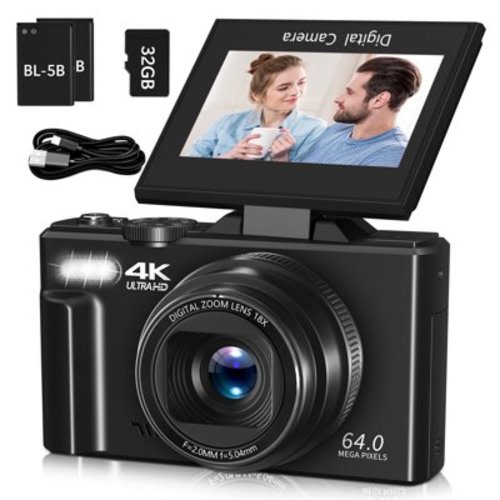Saneen Digital Camera 4K 64MP Vlogging Camera for YouTube 3''180°Flip Screen 18X Zoom Autofocus 32GB SD Card Video Cameras for Beginners