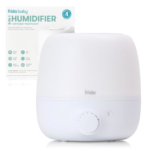 Frida Baby 3-in-1 Cool Mist Humidifier for Large Rooms, Top Fill Humidifier for Bedroom, 60 Hour Runtime + Diffuser, Nightlight, Auto Shut-Off, Quiet, Carry Handle, Nightlight, Essential Oil Diffuser